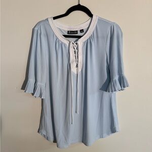 New York & Company Blue & White Pinstripe Blouse – Size Large